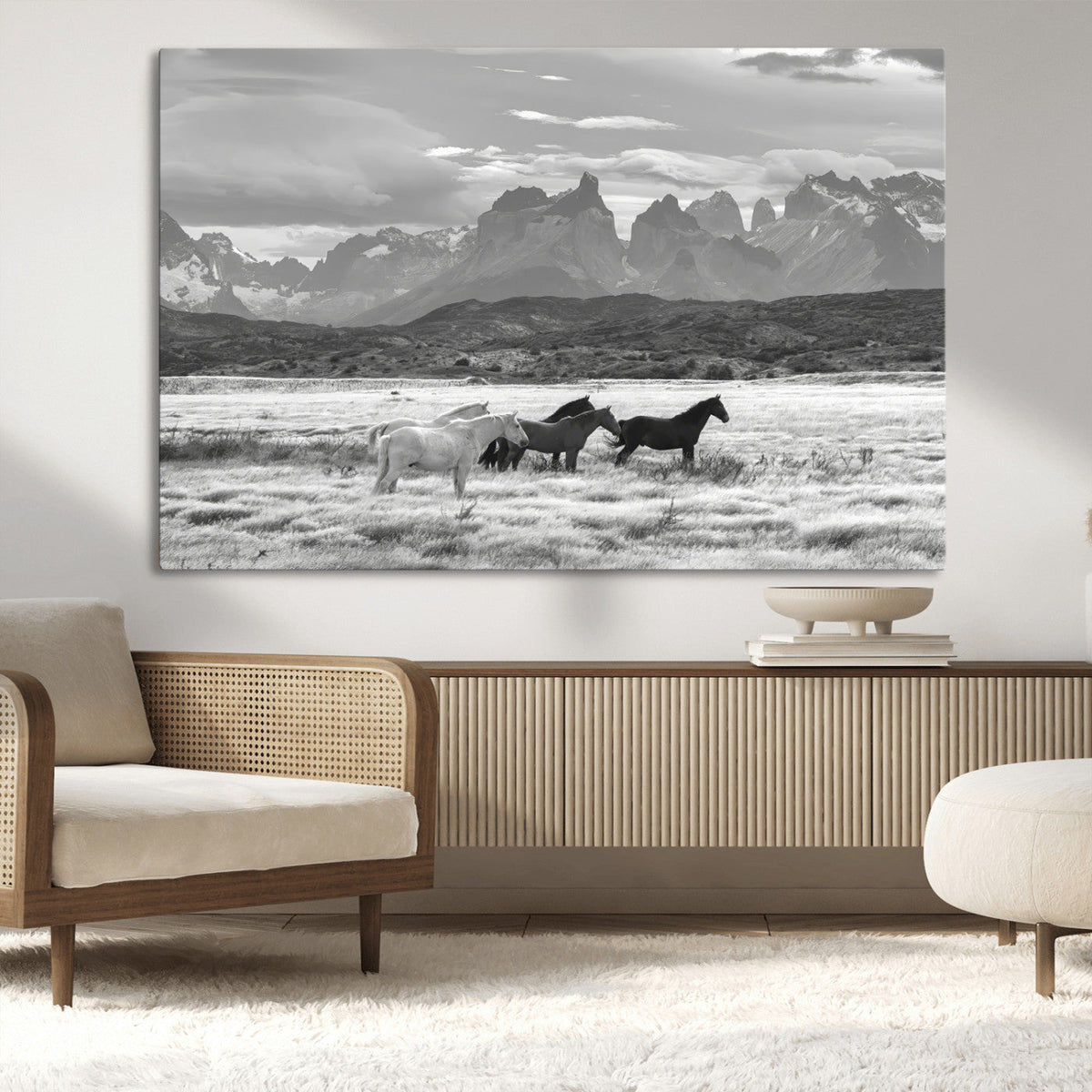 Wild Horses Wall Art Canvas Print – Framed Black and White