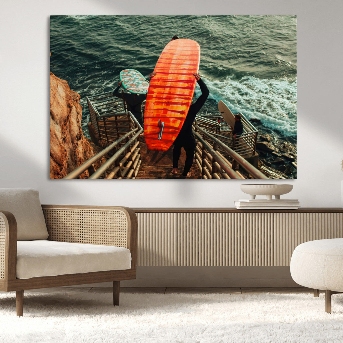 Surfer Stairway Wall Art Canvas Print – Framed Ocean Surf