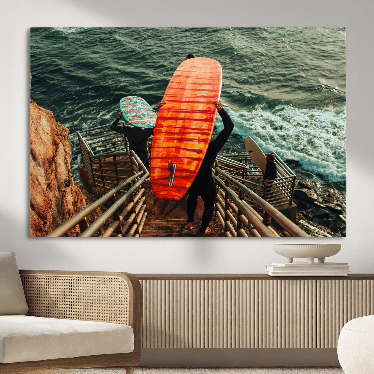 Surfer Stairway Wall Art – Framed Ocean Surf Canvas Artwork,