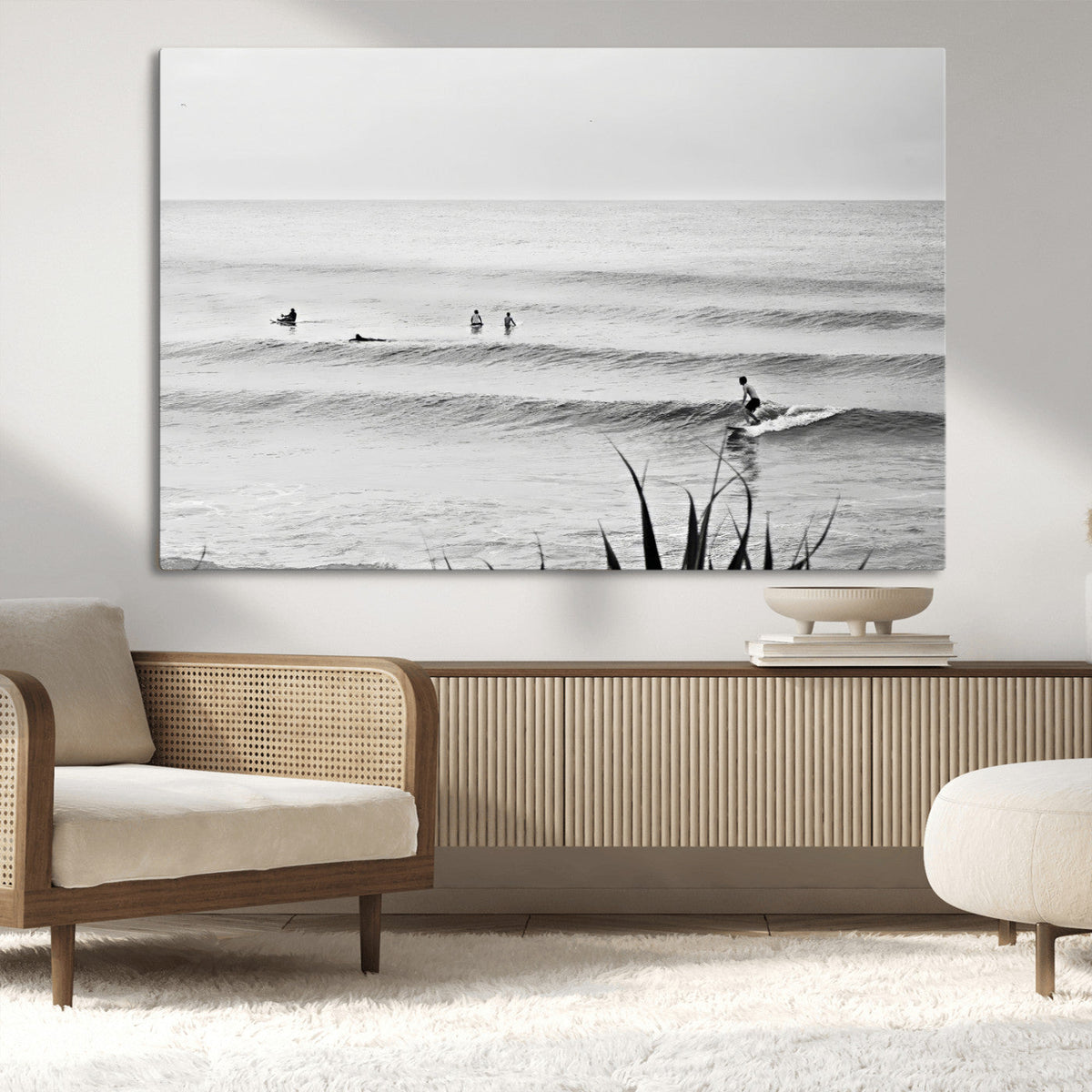 Surfer Silhouette Wall Art – Framed Calm Ocean Monochrome