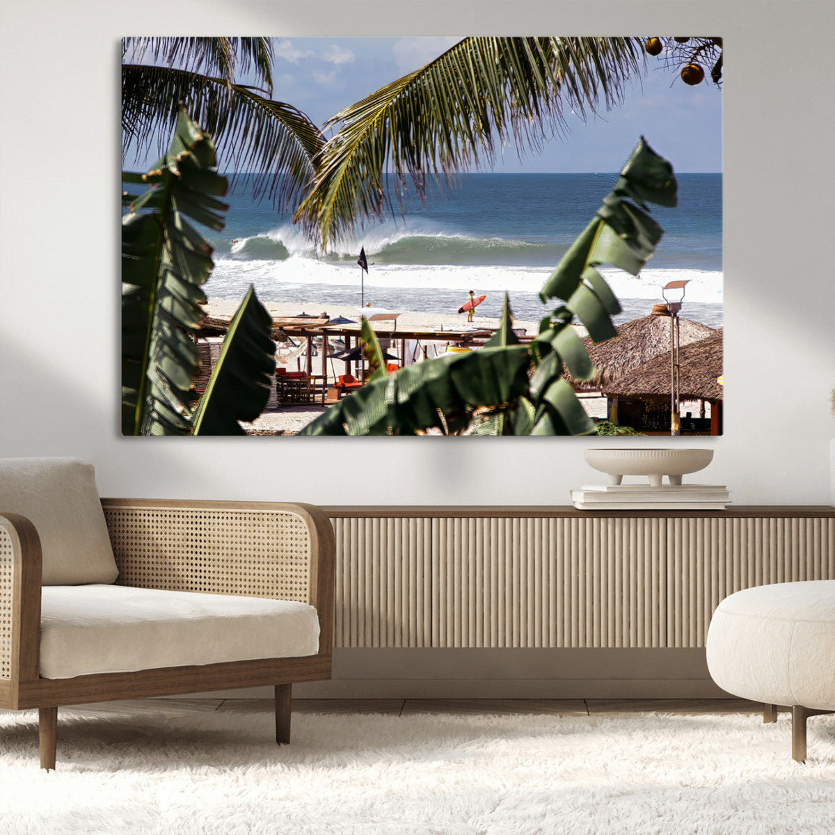 Tropical Shoreline Wall Art Canvas Print – Framed Surfer