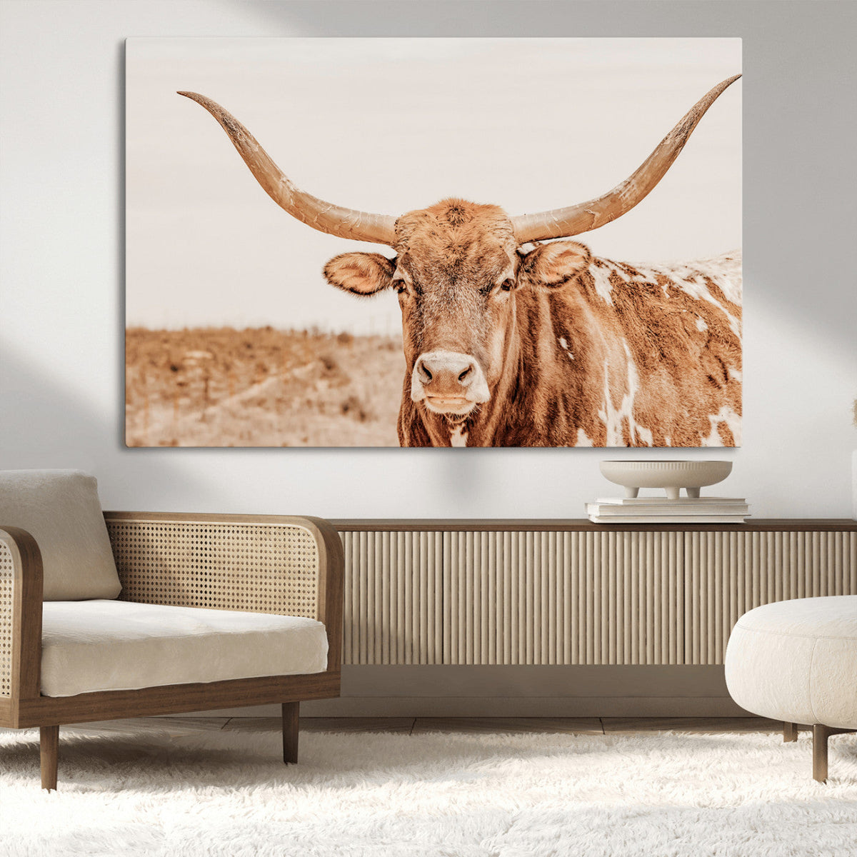Texas Longhorn Wall Art Canvas Print – Framed Sepia Cow Art