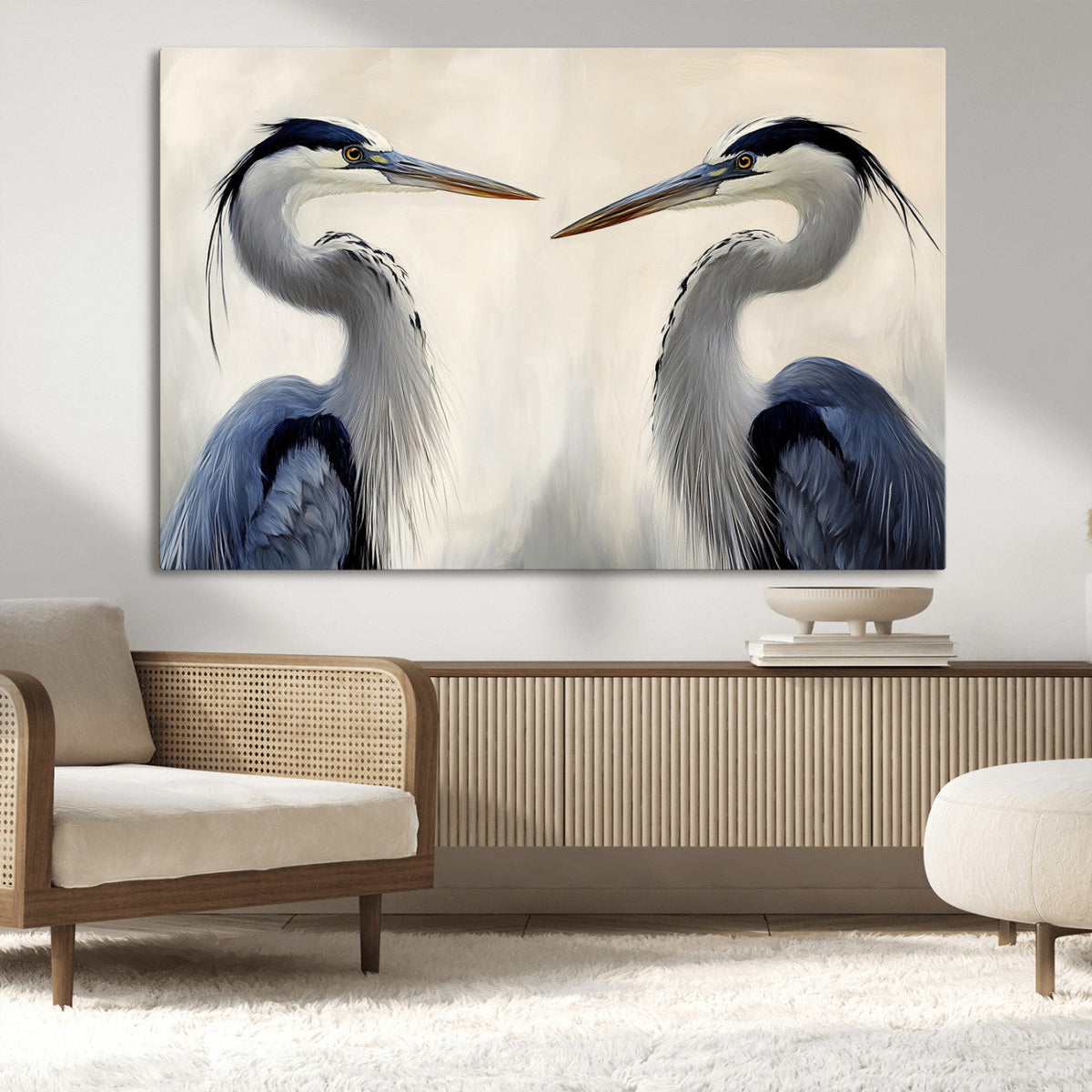 Blue Heron Pair Wall Art Canvas Print, Framed Coastal Bird