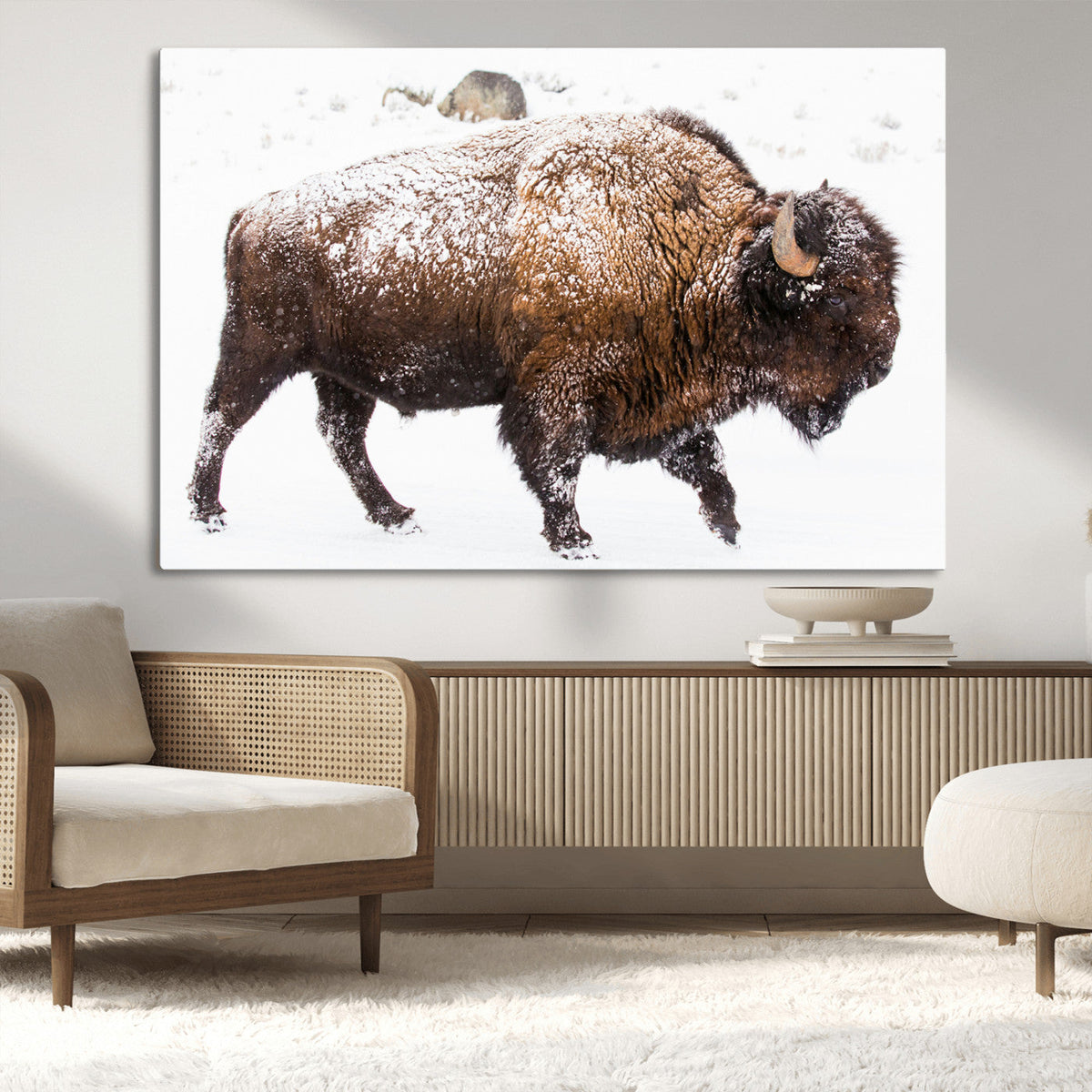Snowy Buffalo Wall Art Canvas Print – Framed Wildlife