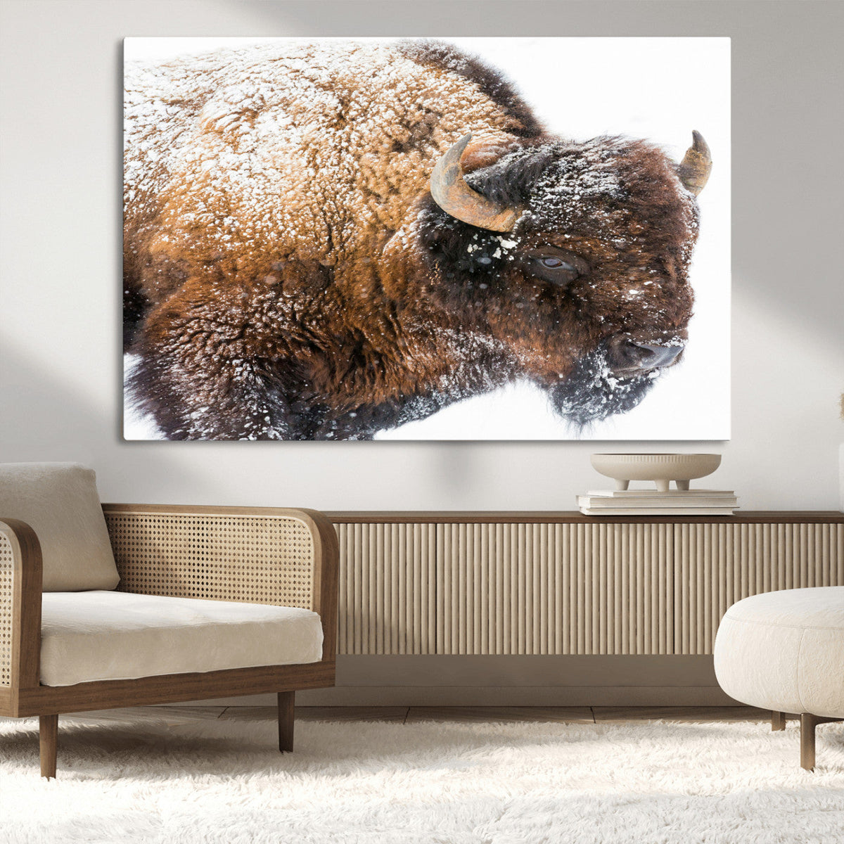 Snowy Buffalo Wall Art Canvas Print – Framed Rustic Lodge