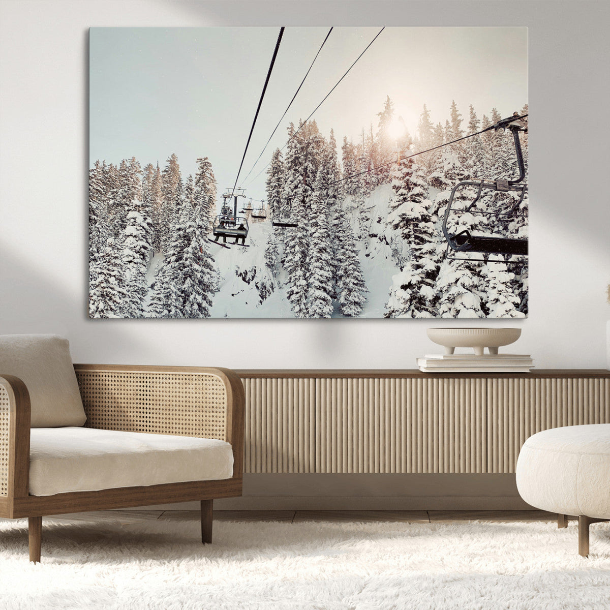 Frosty Pines Wall Art Canvas Print – Framed Cozy Cabin Ski