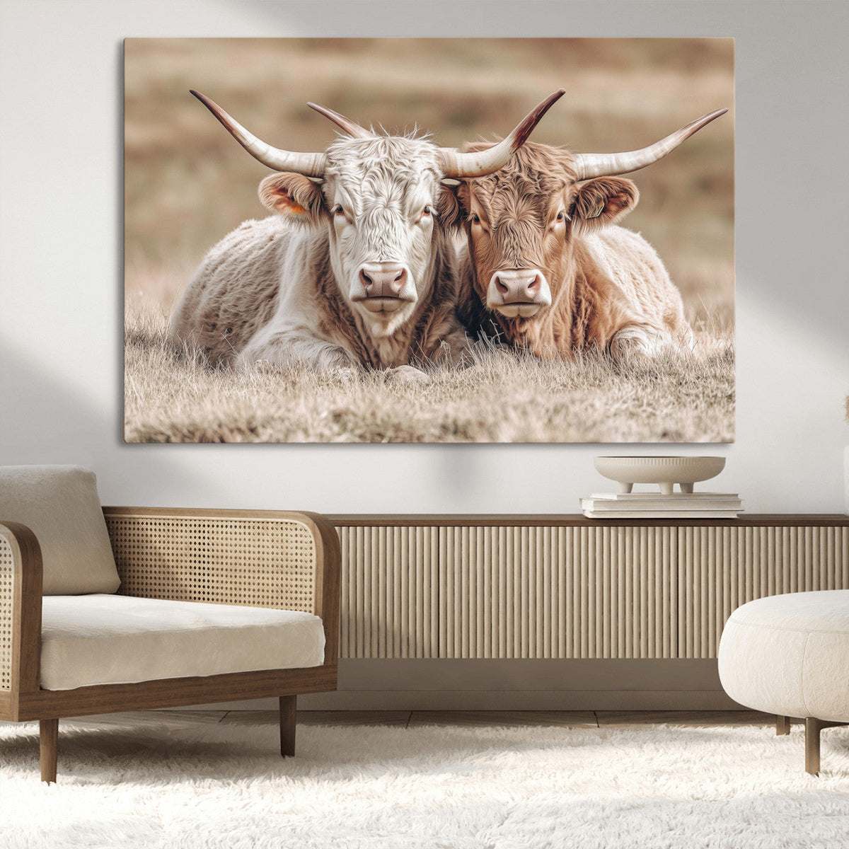 Couple Highland Cows Wall Art Canvas Print – Peaceful Meadow