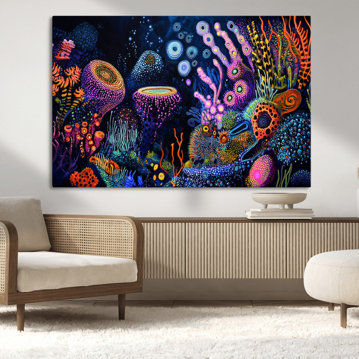 Vibrant Neon Coral Reef Wall Art Canvas Print, Colorful