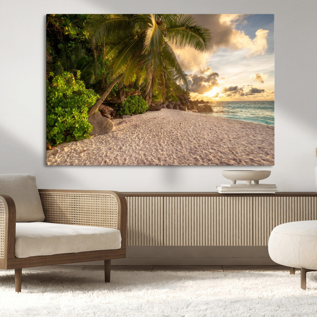 Tropical beach sunset, palm trees, white sand, ocean waves,