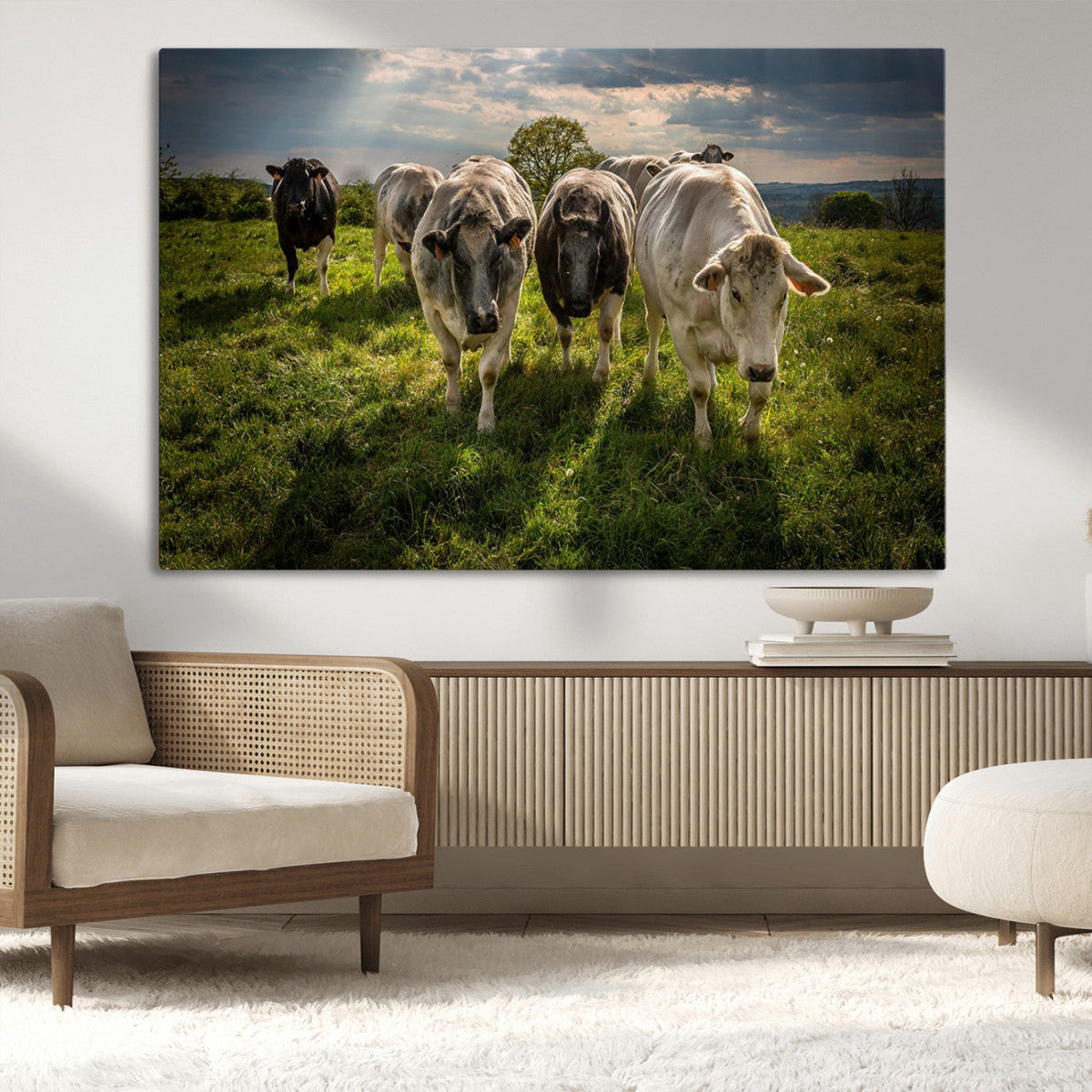 Grazing Cattle Herd Wall Art, Green Pasture Livestock Canvas