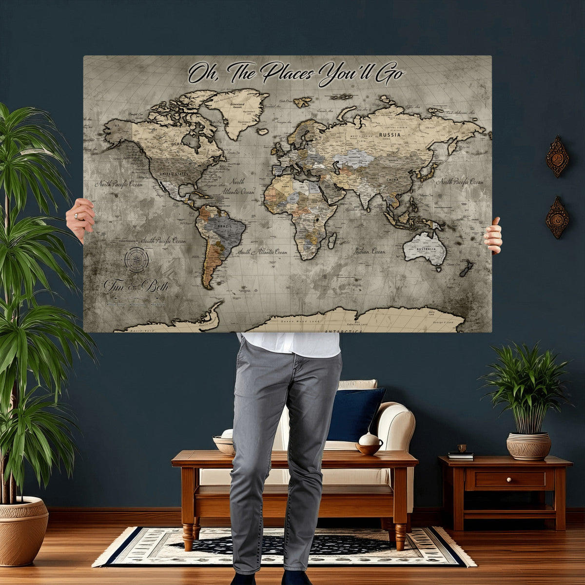 Personalized World Map Wall Art Canvas Print – Custom Push