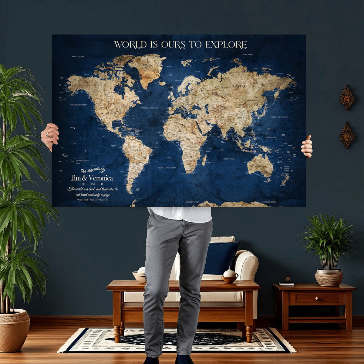 Framed Custom World Map Canvas Print - Deep Blue World Map