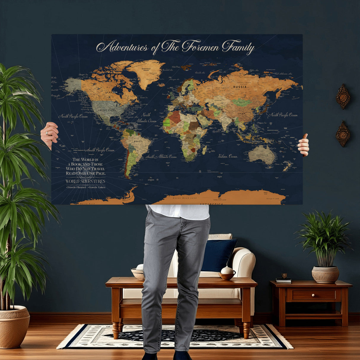 Custom Push Pin World Map Wall Art Canvas Print – Personalized Travel Tracker with Pins Framed Large for Home and Office Decor