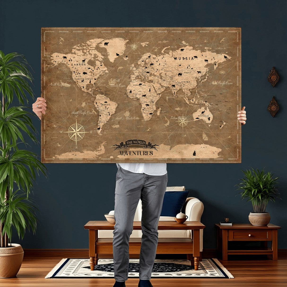 Custom Push Pin World Map Wall Art Canvas Print – Personalized Travel Tracker with Pins Framed Large for Home and Office Decor