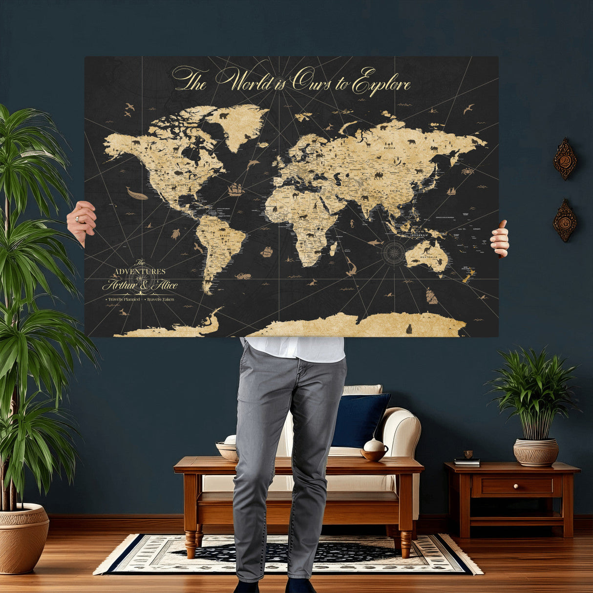 Custom Push Pin World Map Wall Art Canvas Print – Personalized Travel Tracker with Pins Framed Large for Home and Office Decor