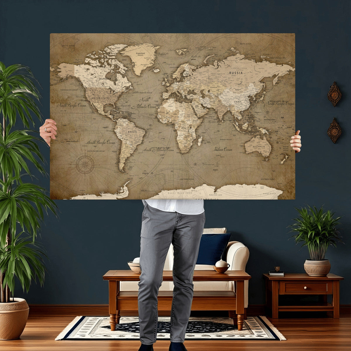 World Map Wall Art Canvas Print, Framed Map Art Picture