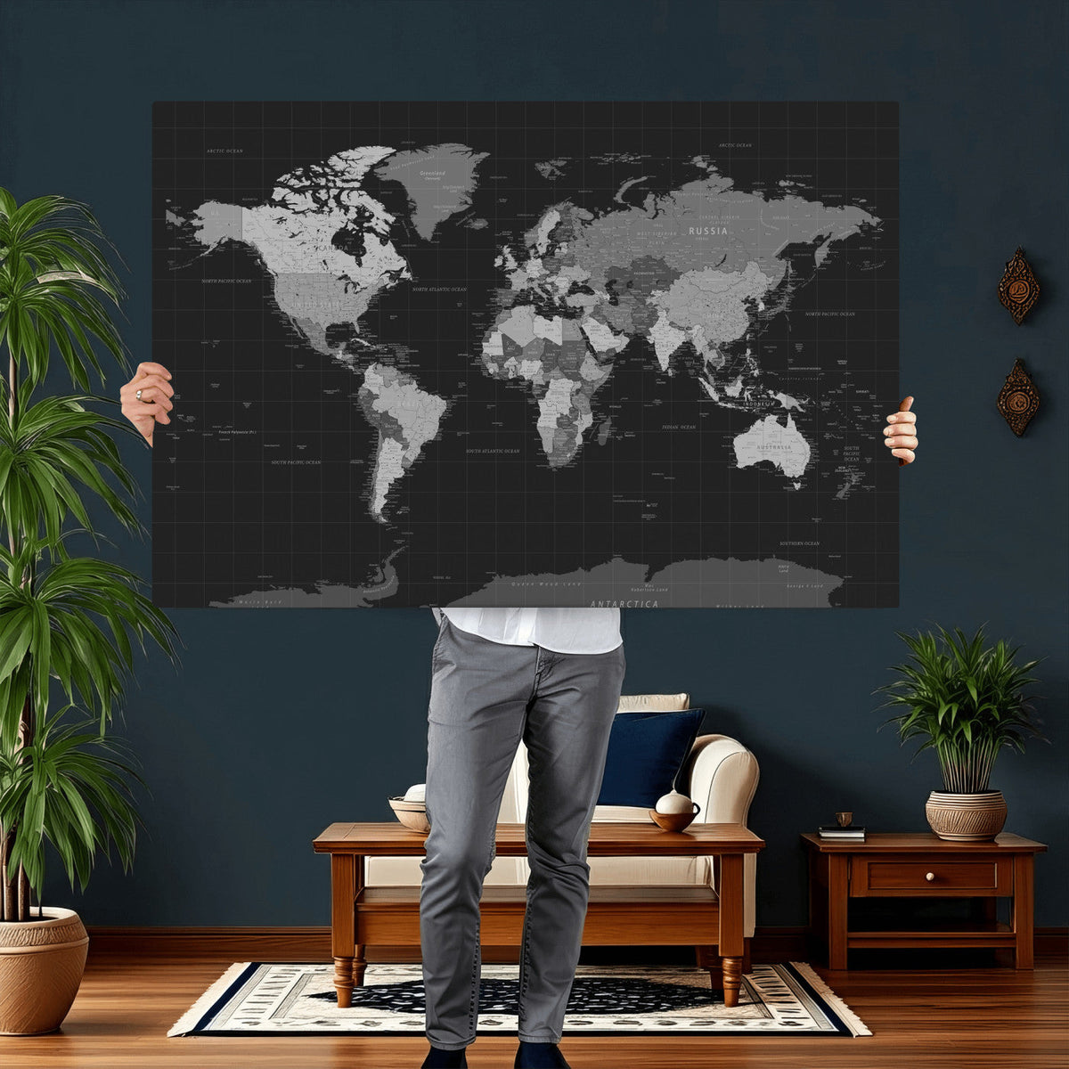 Black World Map Wall Art Canvas Print – Detailed Map of the