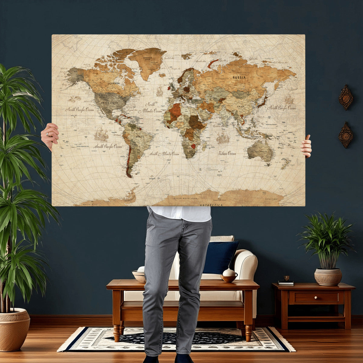 Rustic Vintage World Map Canvas Print – Framed Modern