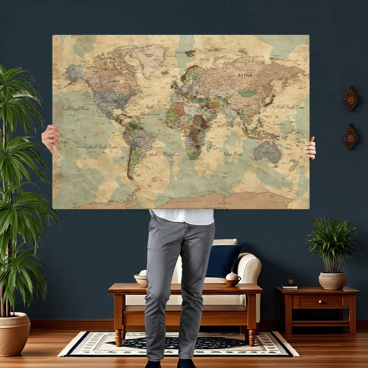 Vintage World Map Wall Art | Ready to Hang and Framed
