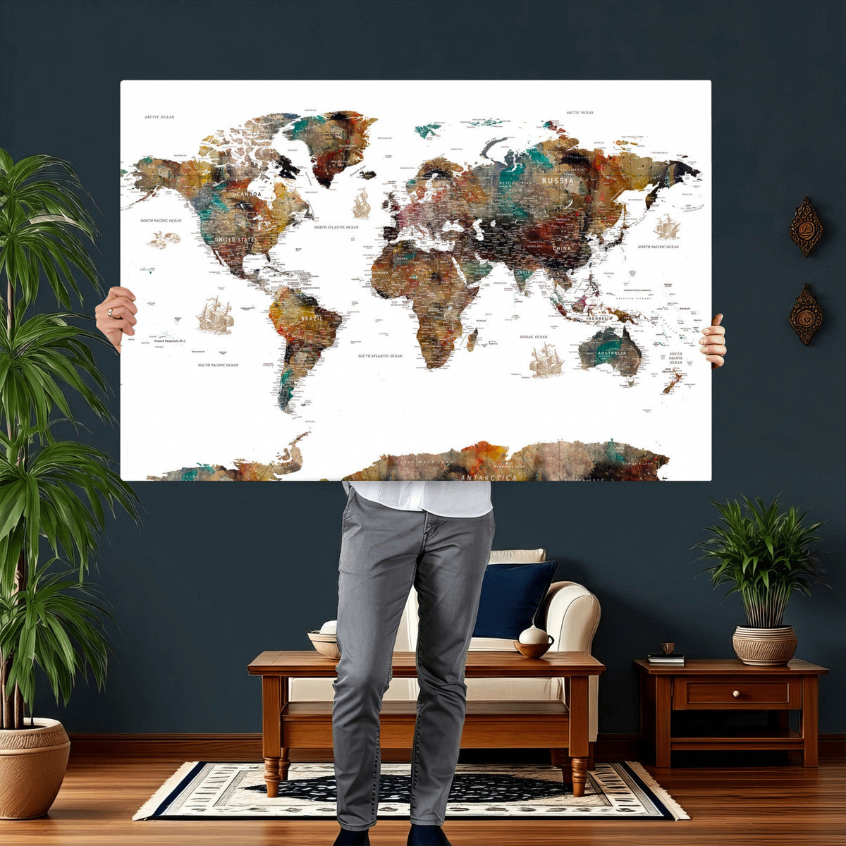 Watercolor World Map Canvas Print – Detailed Map of the