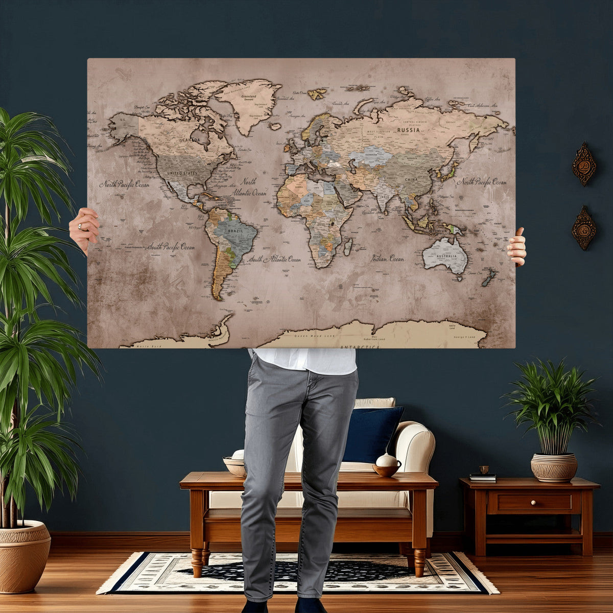 Grunge World Map Canvas Wall Art - Vintage Aged World Map
