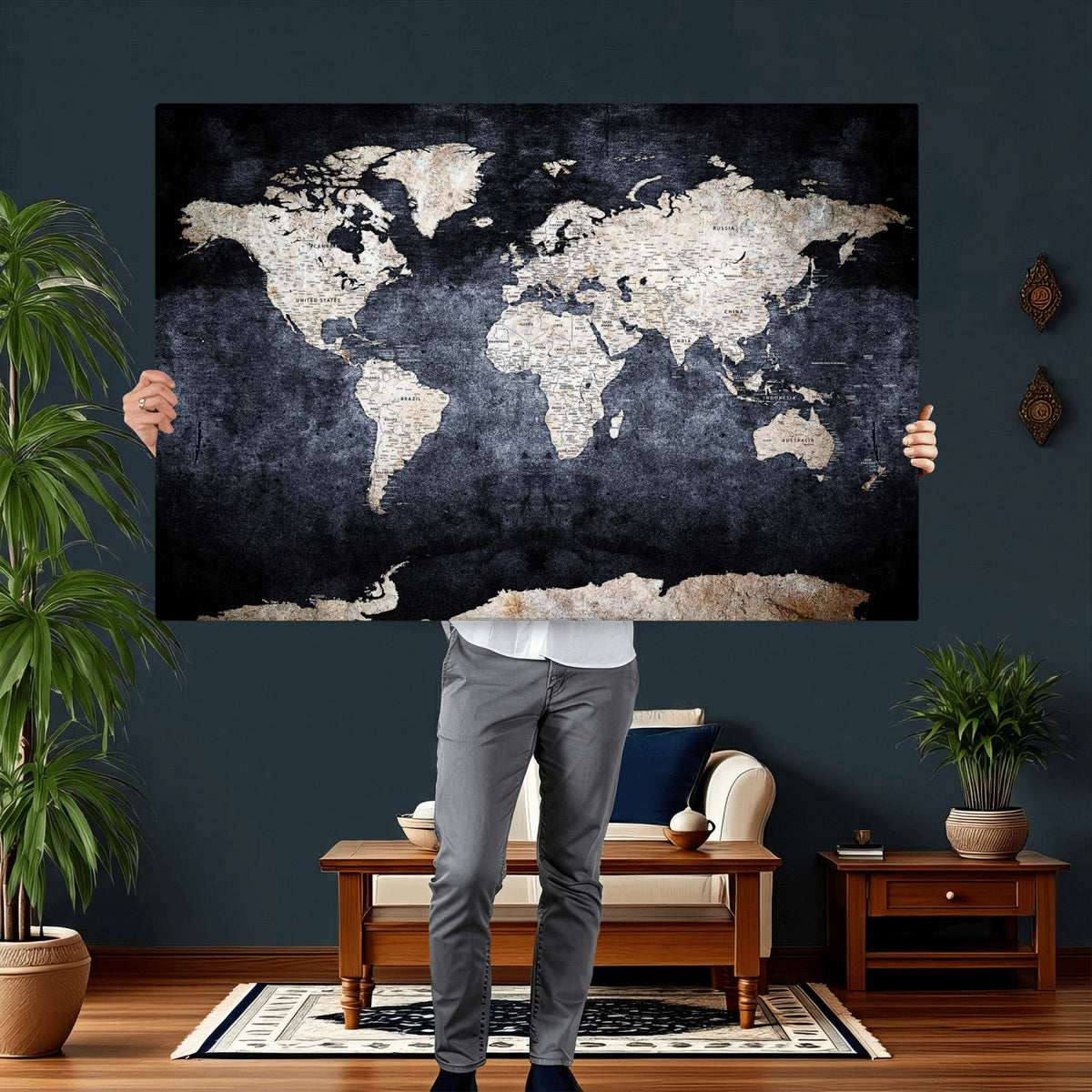 Vintage World Map Canvas Wall Art – Antique Triptych Map