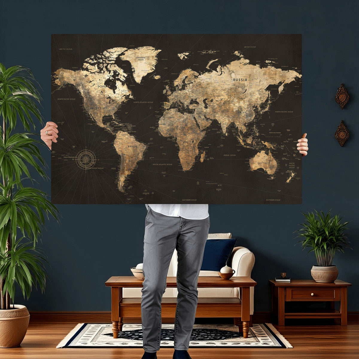 Framed World Map with Pin Canvas Print – Detailed World Map