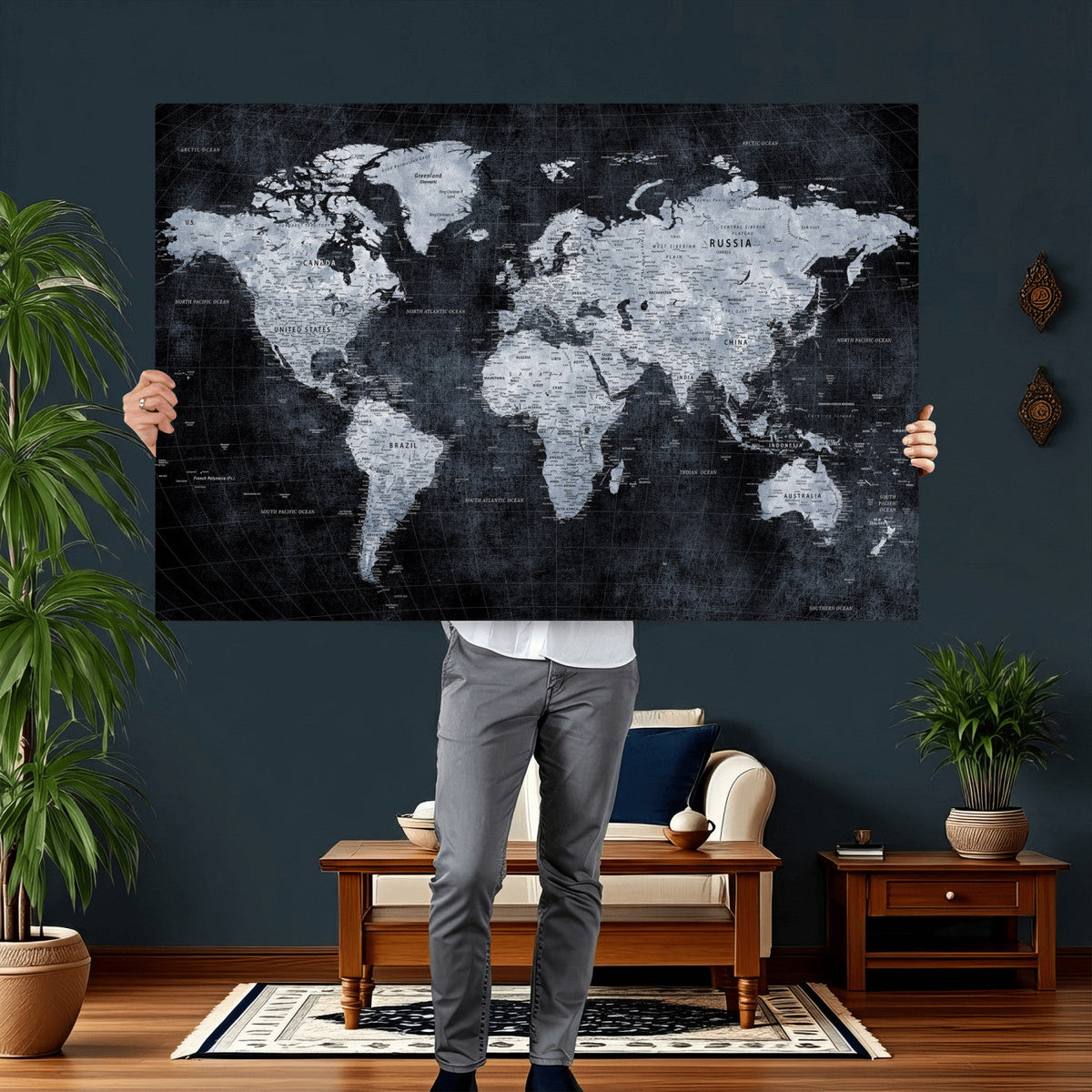 Black World Map Canvas Print – Detailed Map for Couples and