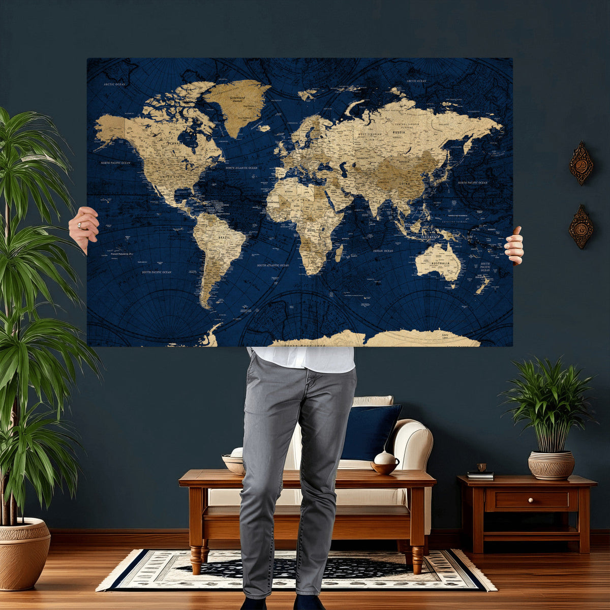 Navy Blue World Map Canvas Print – Detailed Map Minimal Navy
