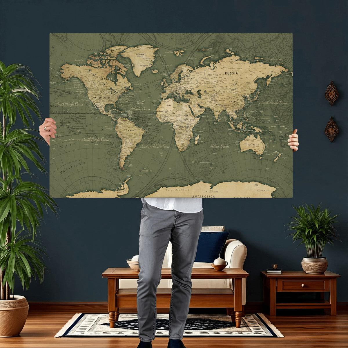 Large World Map Canvas Wall Art Print for Study Room Decor -