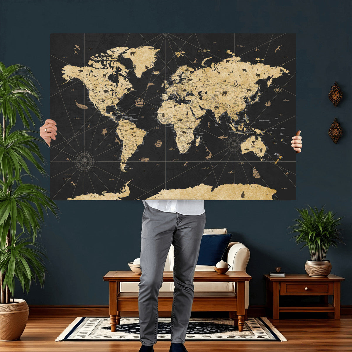 Vintage Blue and Brown World Map Canvas Wall Art – Framed