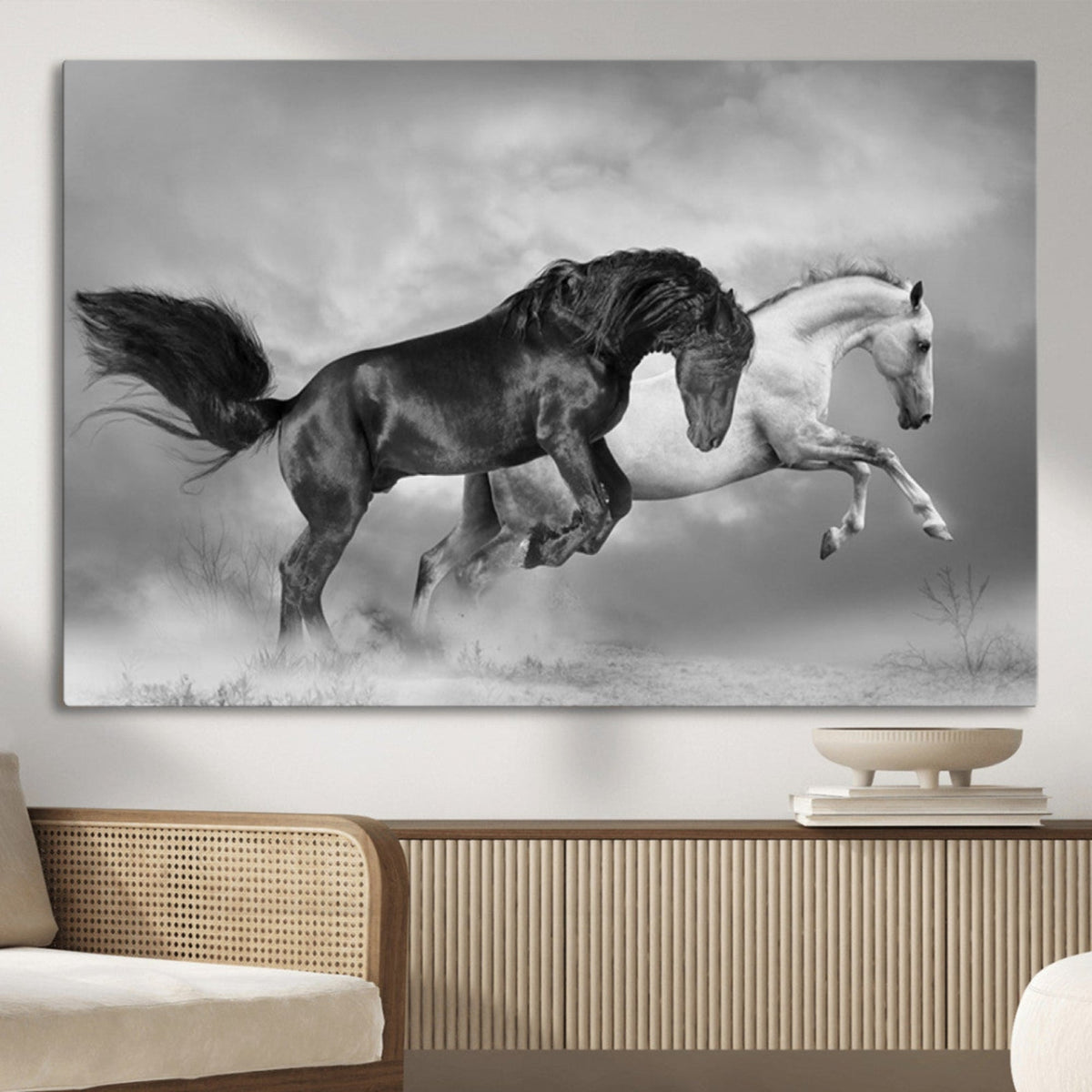 Wild Horses Wall Art Canvas Print – Framed Black and White