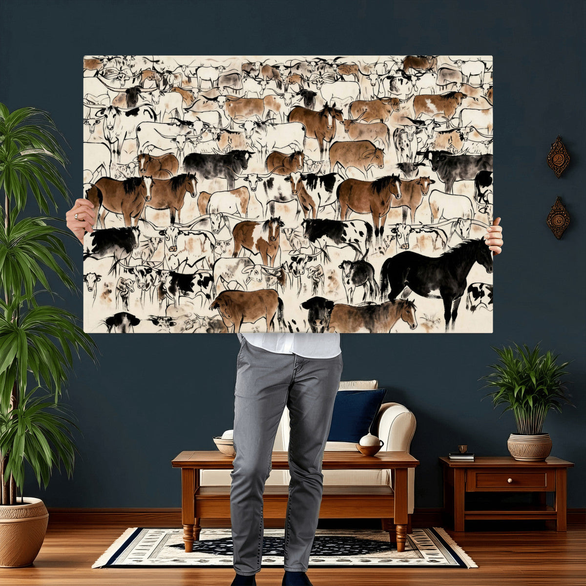 Farmhouse Animals Horse Longhorn Cow Wall Art Canvas Print -