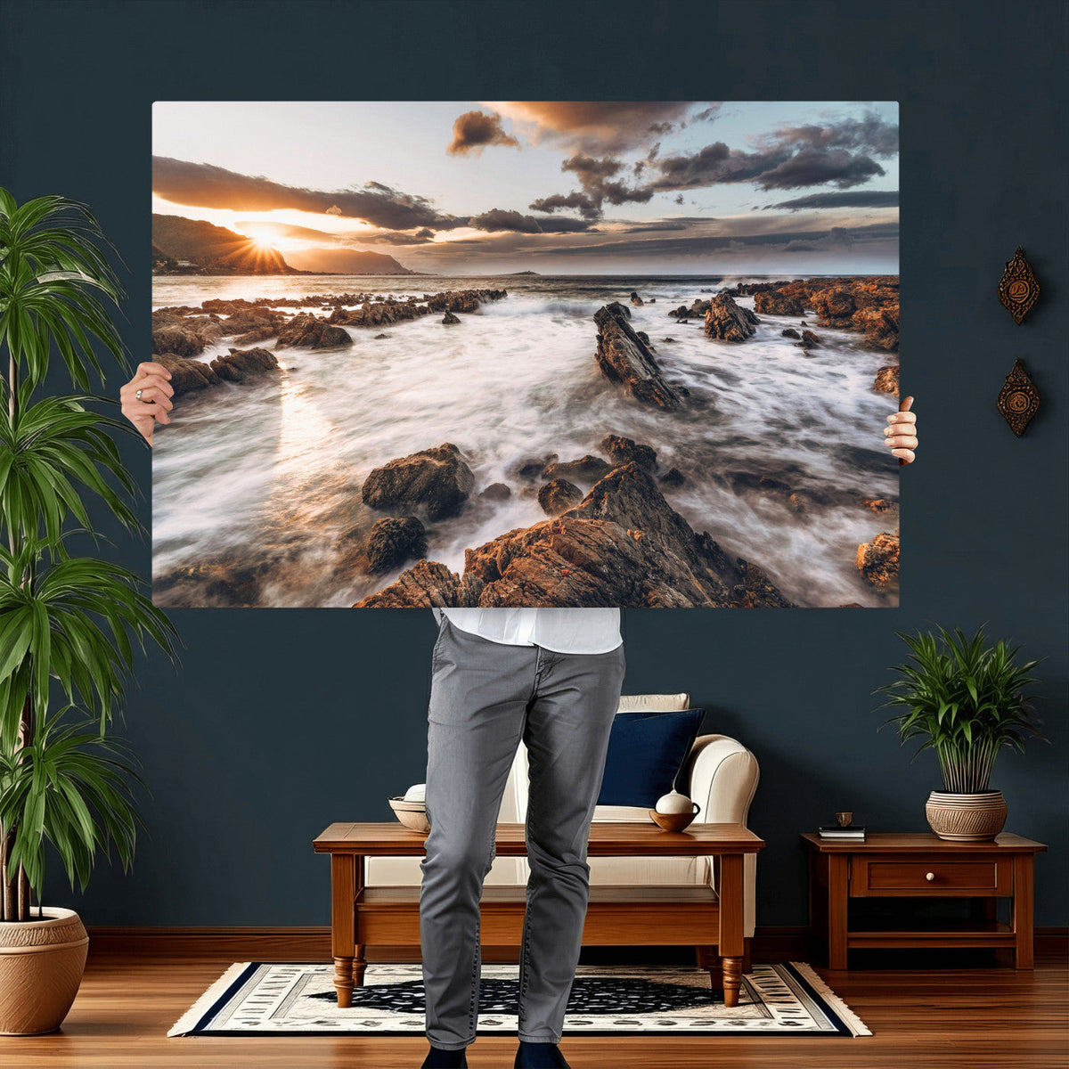 Rocky Coast Ocean Sunset Wall Art Canvas Print, Dramatic
