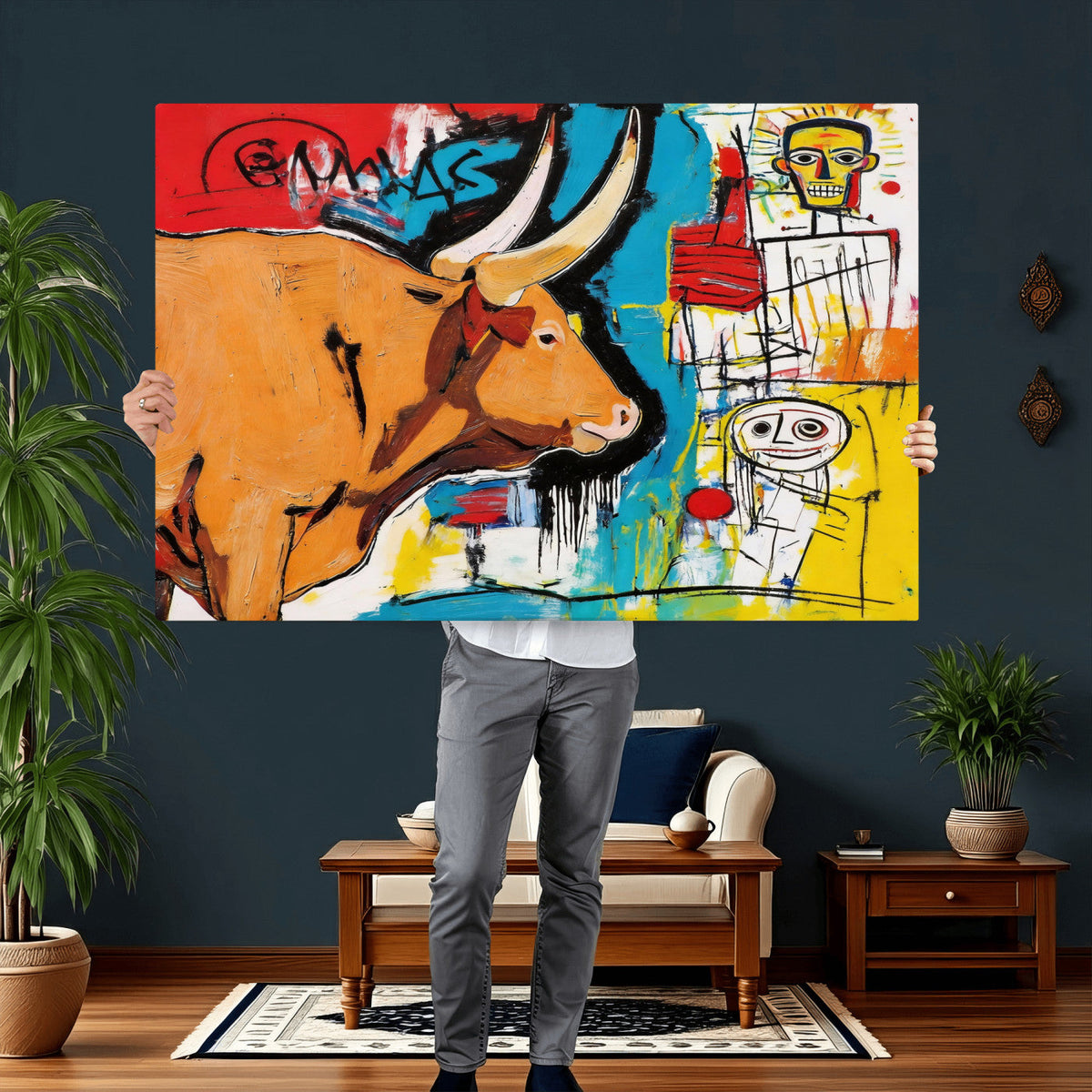 Basquiat Style Bull Graffiti Wall Art Canvas Print, Street