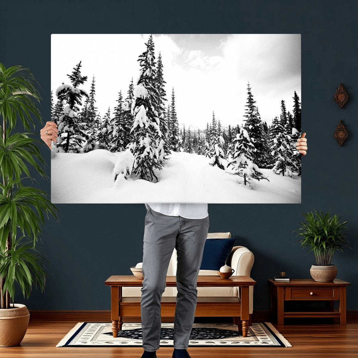 Black and White Snowy Pine Forest Wall Art Canvas Print,
