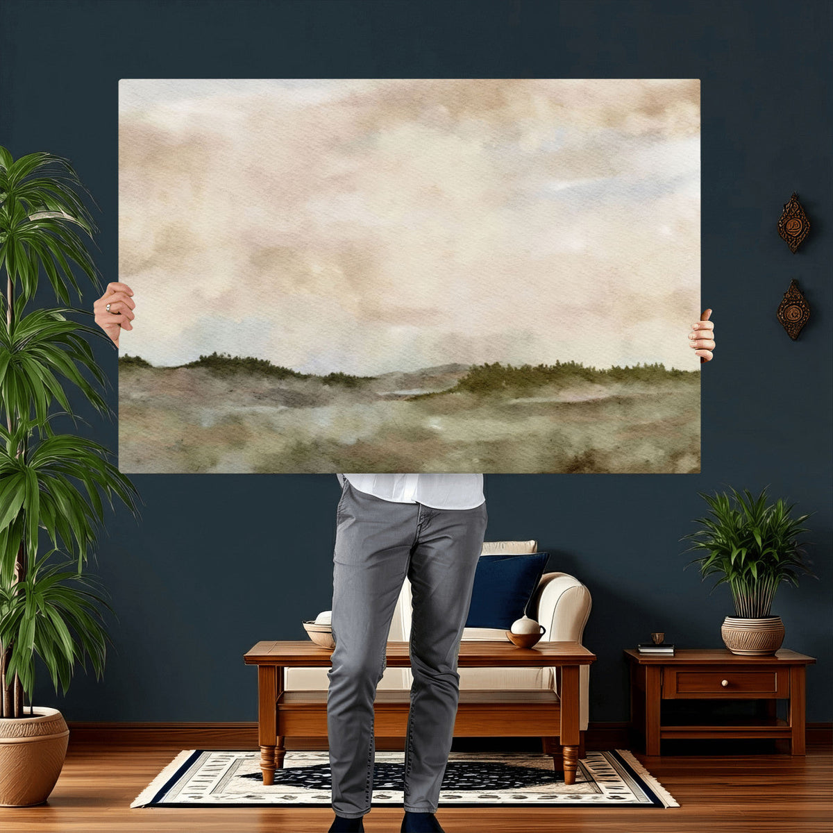 Muted Watercolor Hill Landscape Print — Beige Taupe Cloudy
