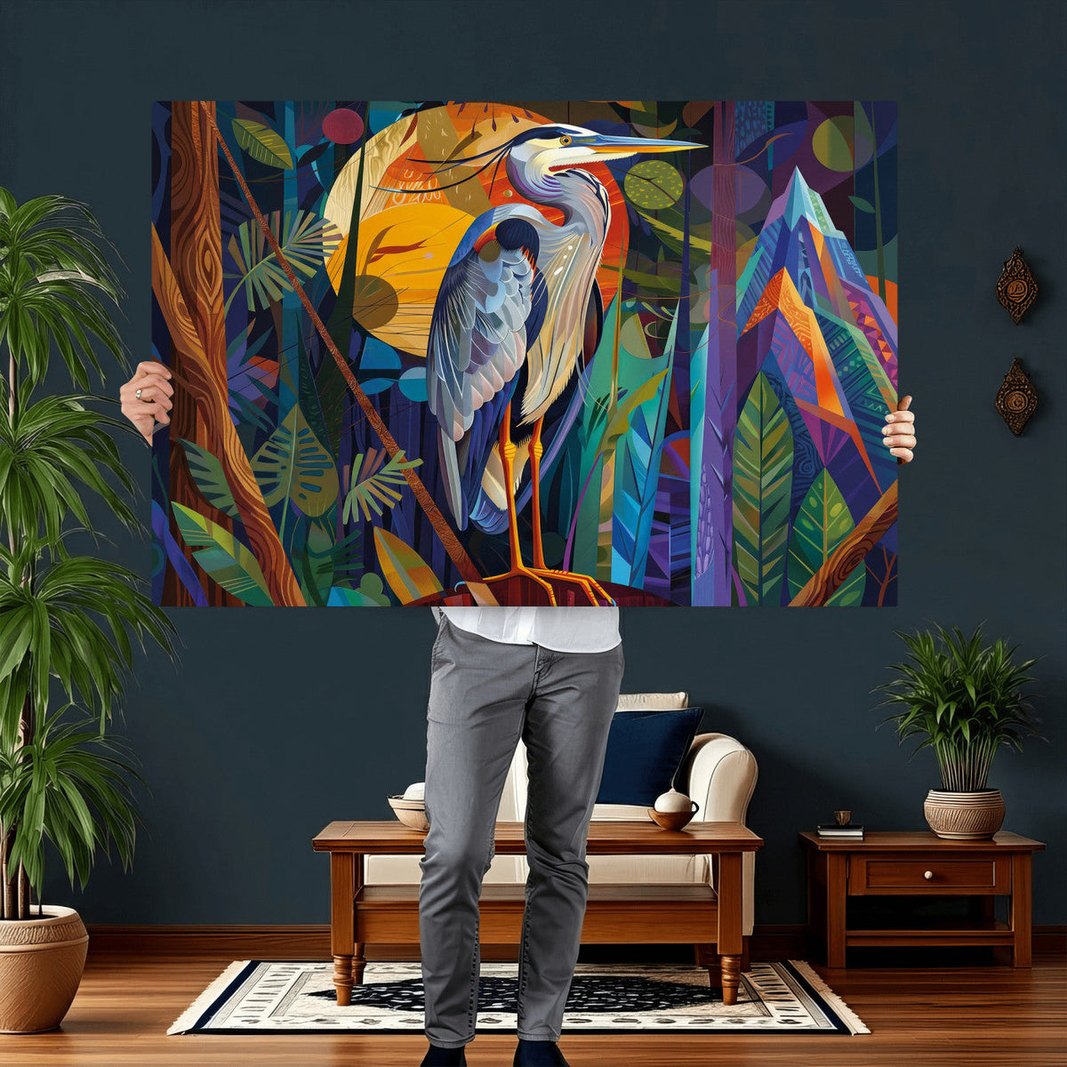 Colorful Heron Wall Art Canvas Print Tropical Bird Abstract
