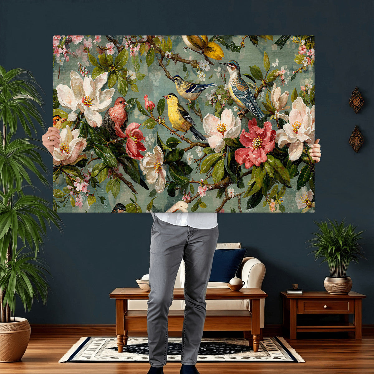 Vintage Birds and Flowers Wide Wall Art: Extra Large