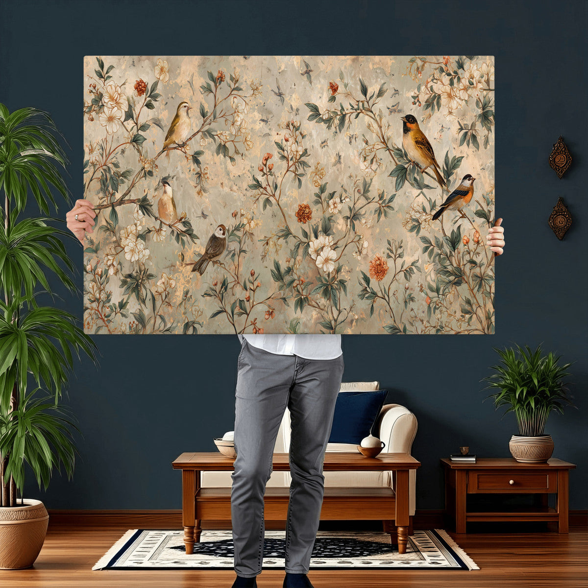 Vintage Birds and Flowers Wall Art Canvas Print, Botanical