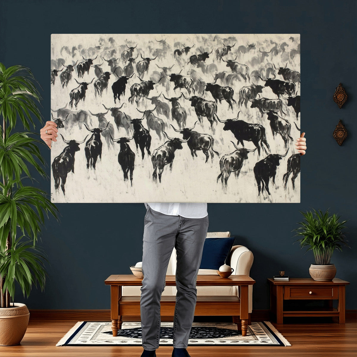 Longhorn Cattle Canvas Wall Art, Black White Stampede Ink