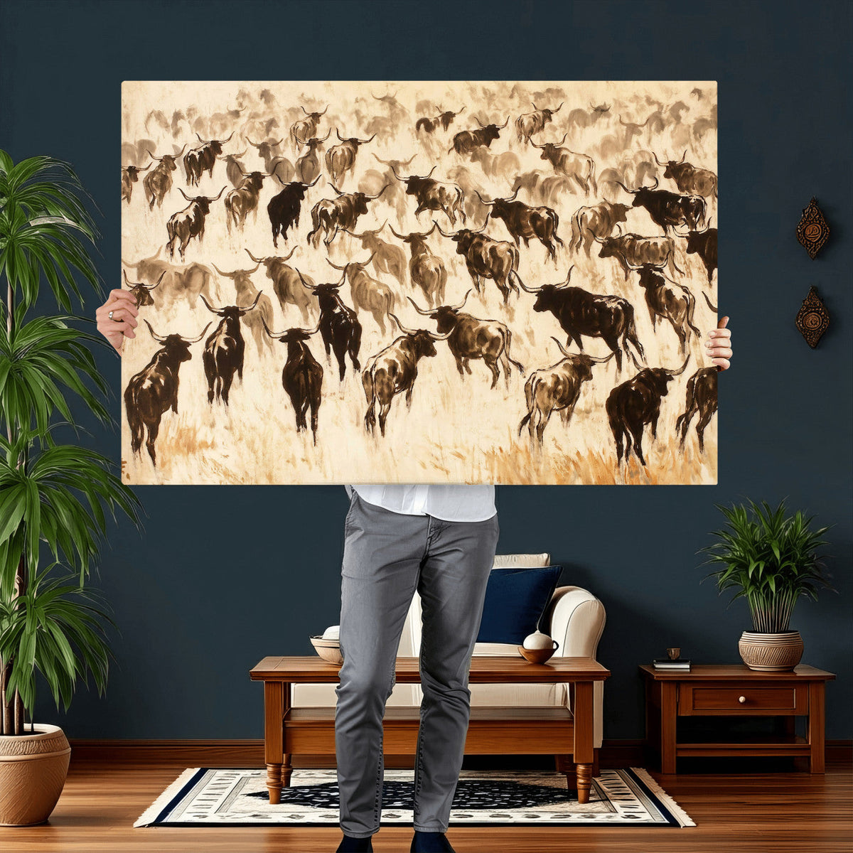 Texas Longhorn Sepia Canvas Wall Art, Western Cattle