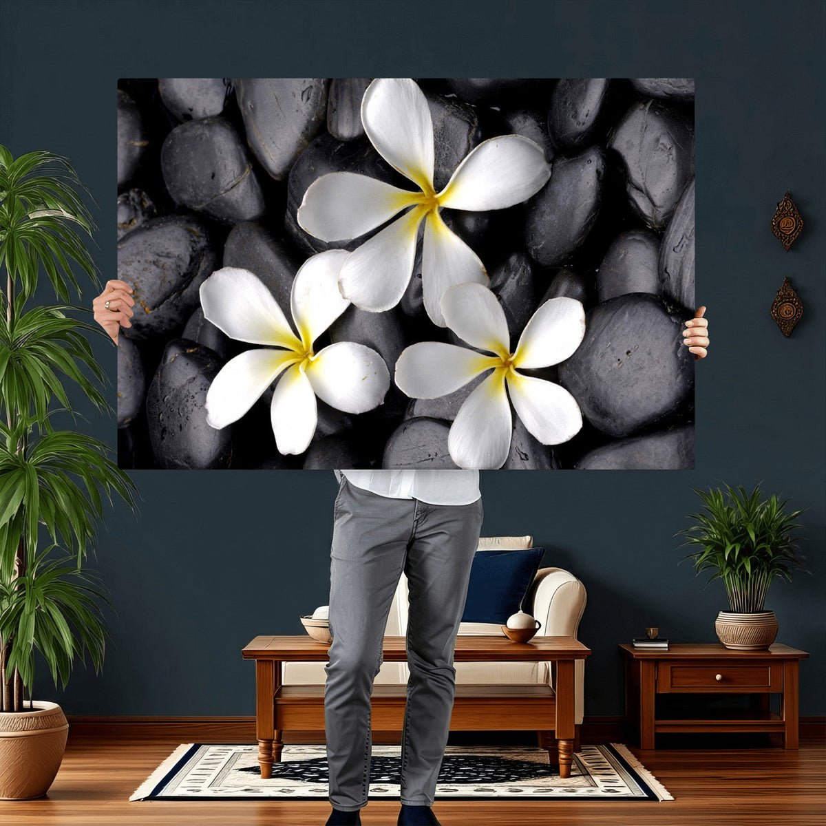 Plumeria Frangipani Black Stone Canvas | White Flower Spa