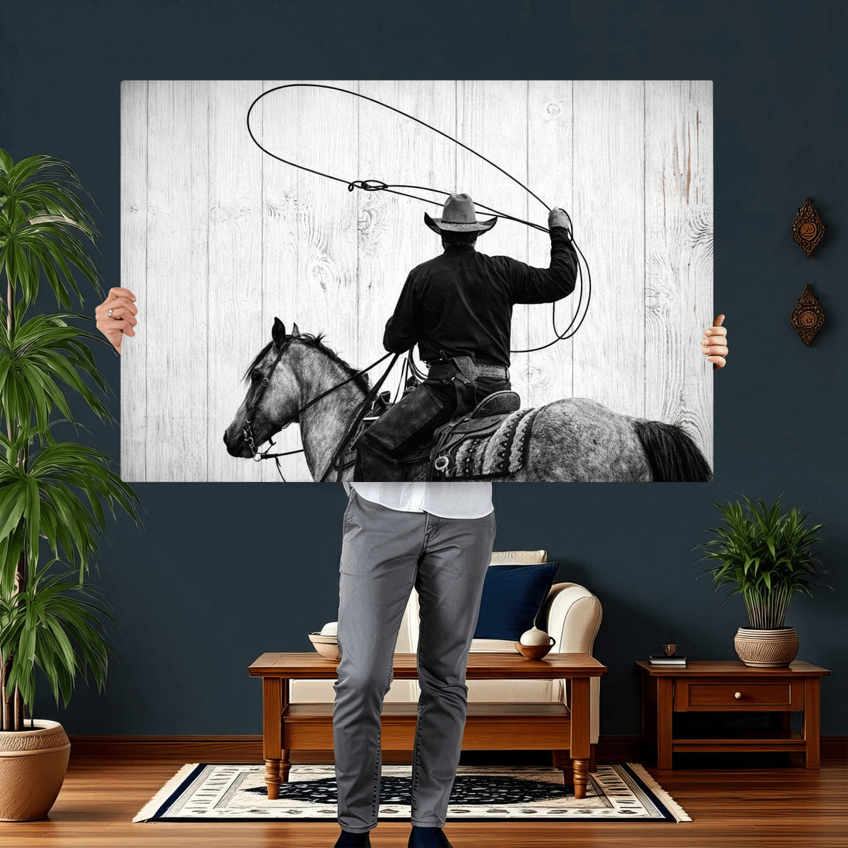 Cowboy Lasso Canvas Wall Art, Black White Western Horse
