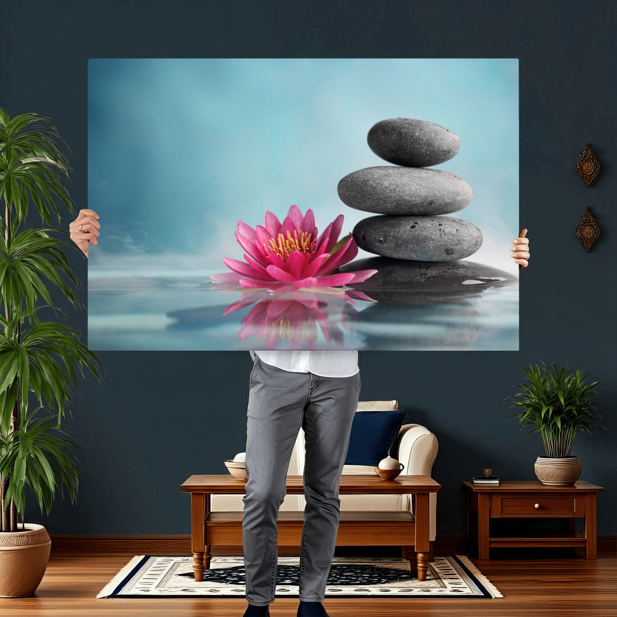 Zen Canvas Wall Art Lotus Flower Stacked Stones Teal Spa