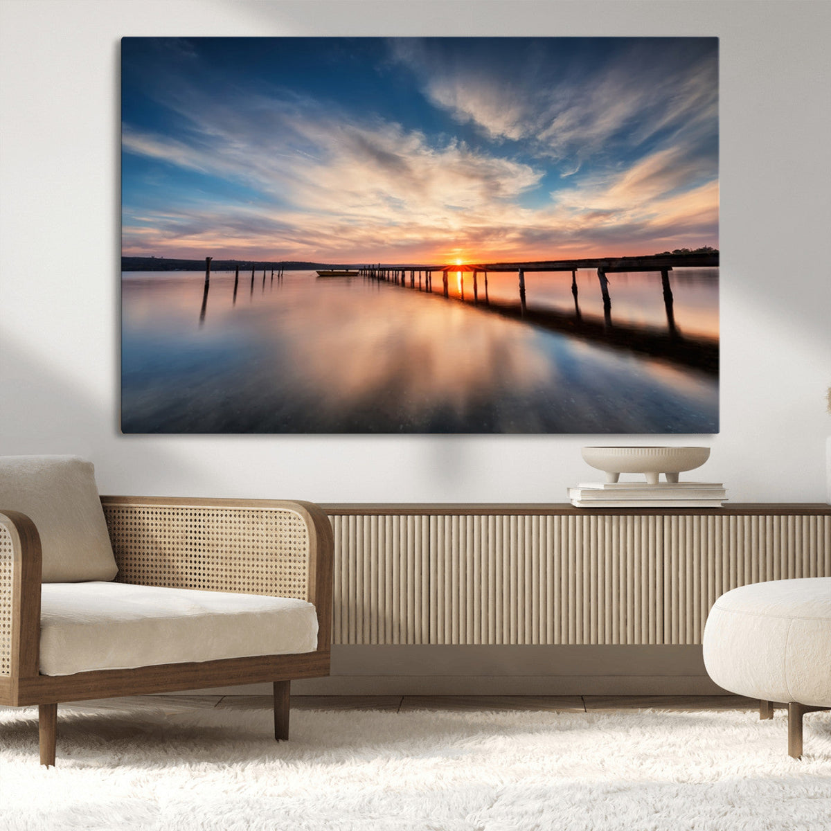 Wooden Pier on Seascape and Sunset Wall Art Canvas Print