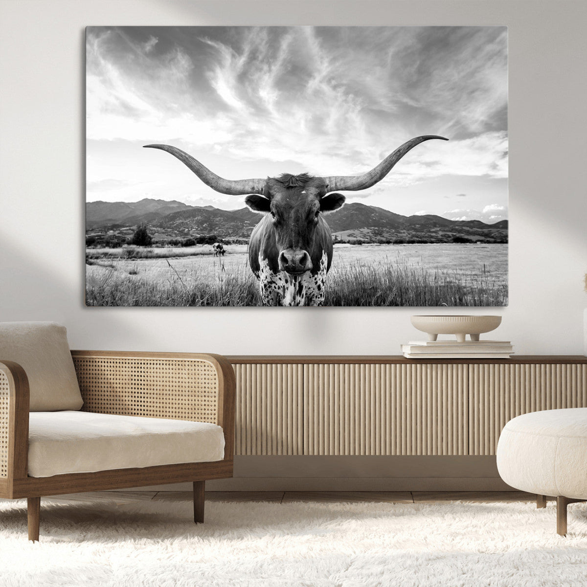 Longhorn Black and White Wall Art – Rustic Western Bull