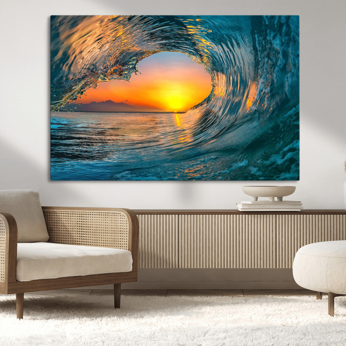 Ocean Wave Sunset Wall Art | Large Coastal Wave Canvas Print