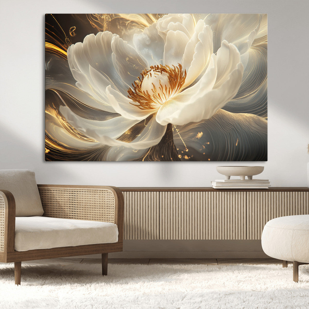 Gold Floral Wall Art Canvas Print, Framed Modern Flower Art