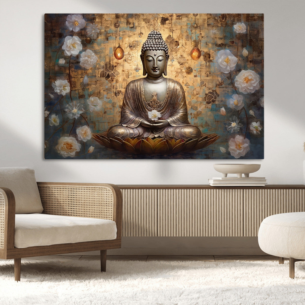 Golden Buddha Wall Art Canvas Print | Zen Meditation Floral